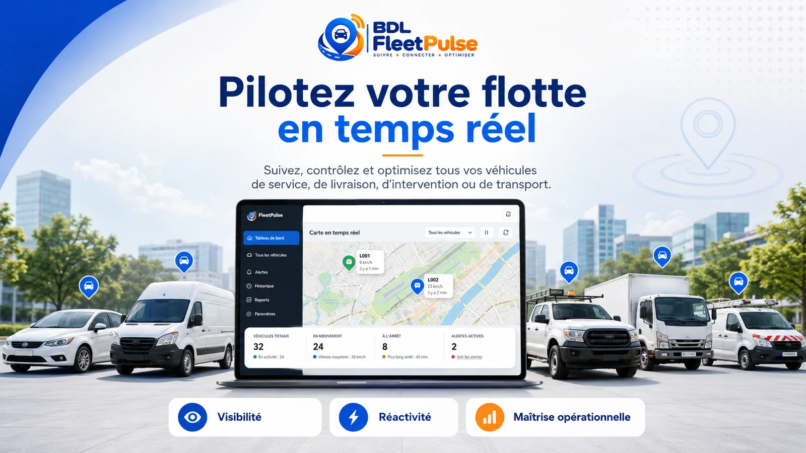 Présentation BDL FleetPulse : suivi d’une flotte de véhicules sur une carte