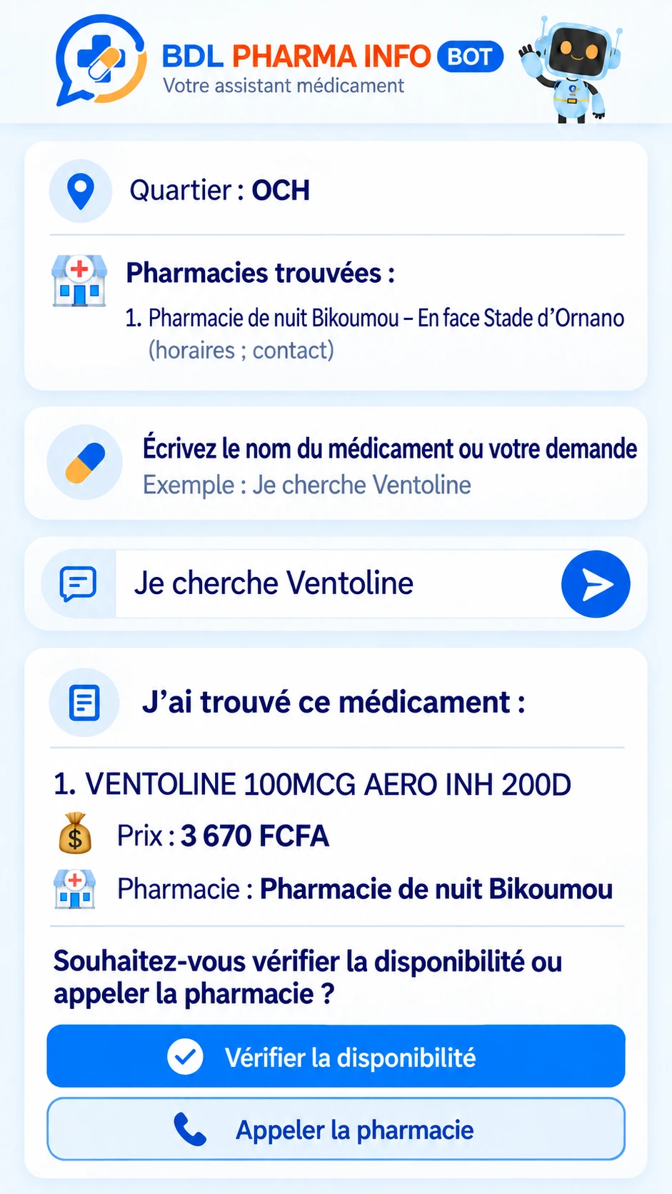 Écran du parcours BDL Pharma Info BOT fourni pour la présentation.