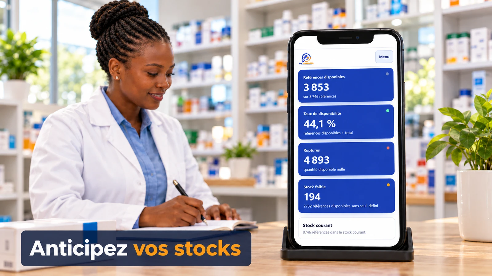 Visuel BDL Pharma Info : une pharmacienne et son tableau de bord des stocks